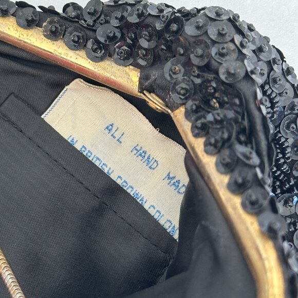 1950 Black Beaded & Sequined Convertible Clutch Evening Bag Rhinestone Kiss Lock - Picture 3 of 7
